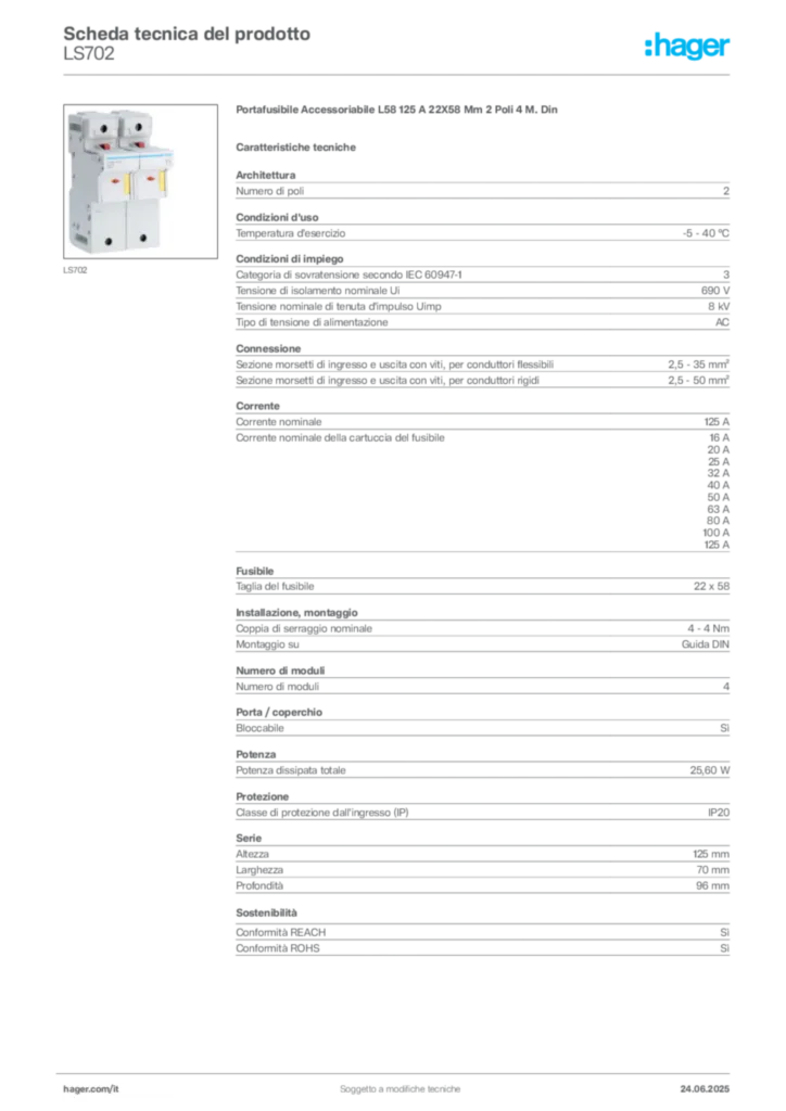 Immagine Hager Scheda tecnica del prodotto LS702 | Hager Italia