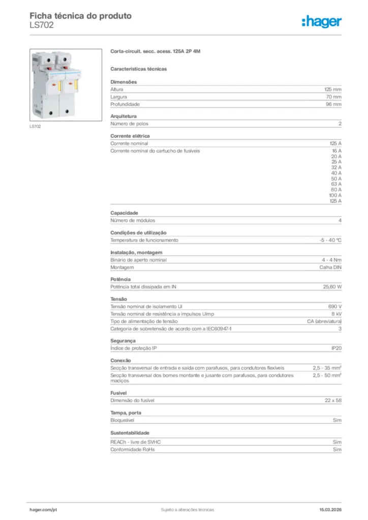 Imagem Hager Ficha técnica do produto LS702 | Hager Portugal