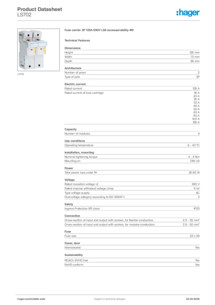 Image Hager Product data sheet LS702  | Hager