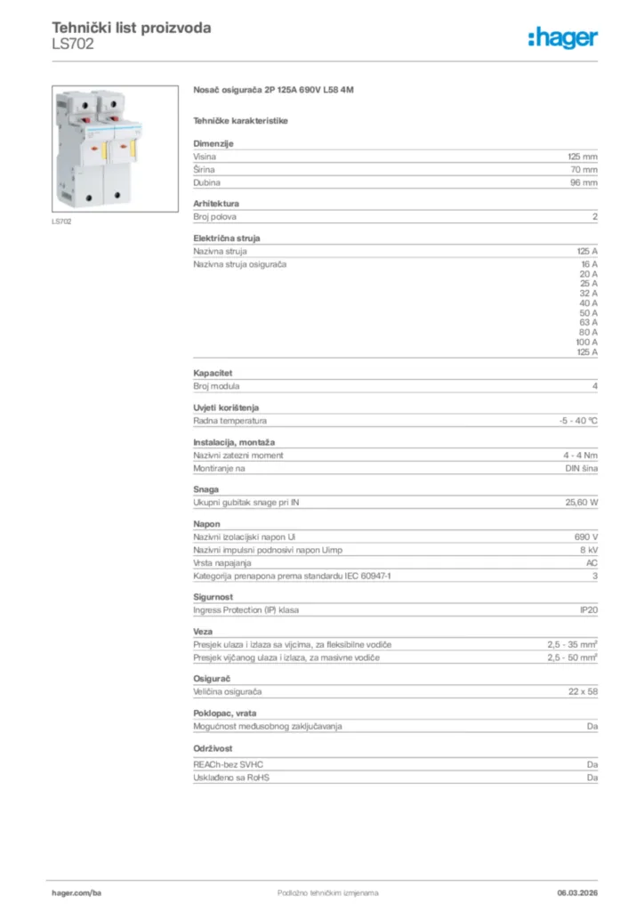 Slika Hager Tehnički list proizvoda LS702  | Hager