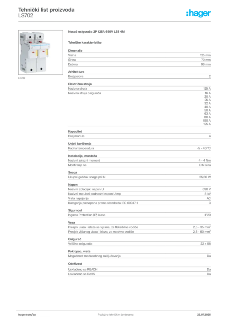 Slika Hager Product data sheet LS702  | Hager