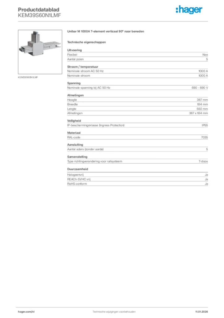 Afbeelding Hager Productdatablad KEM39S60N1LMF | Hager Nederland