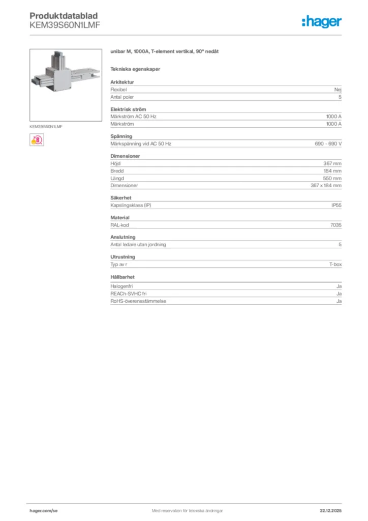Bild Hager Produktdatablad KEM39S60N1LMF | Hager Sverige