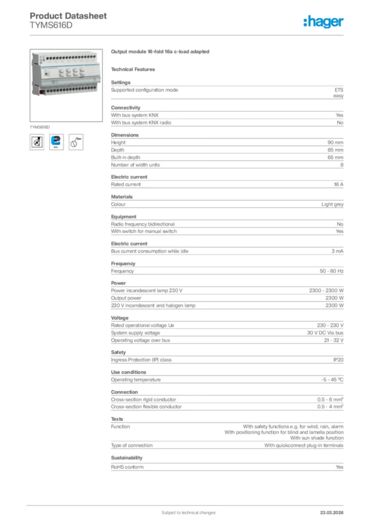 Image Hager Product data sheet TYMS616D  | Hager Africa