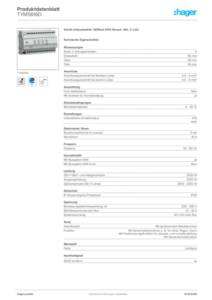 Bild Hager Produktdatenblatt TYMS616D | Hager Deutschland