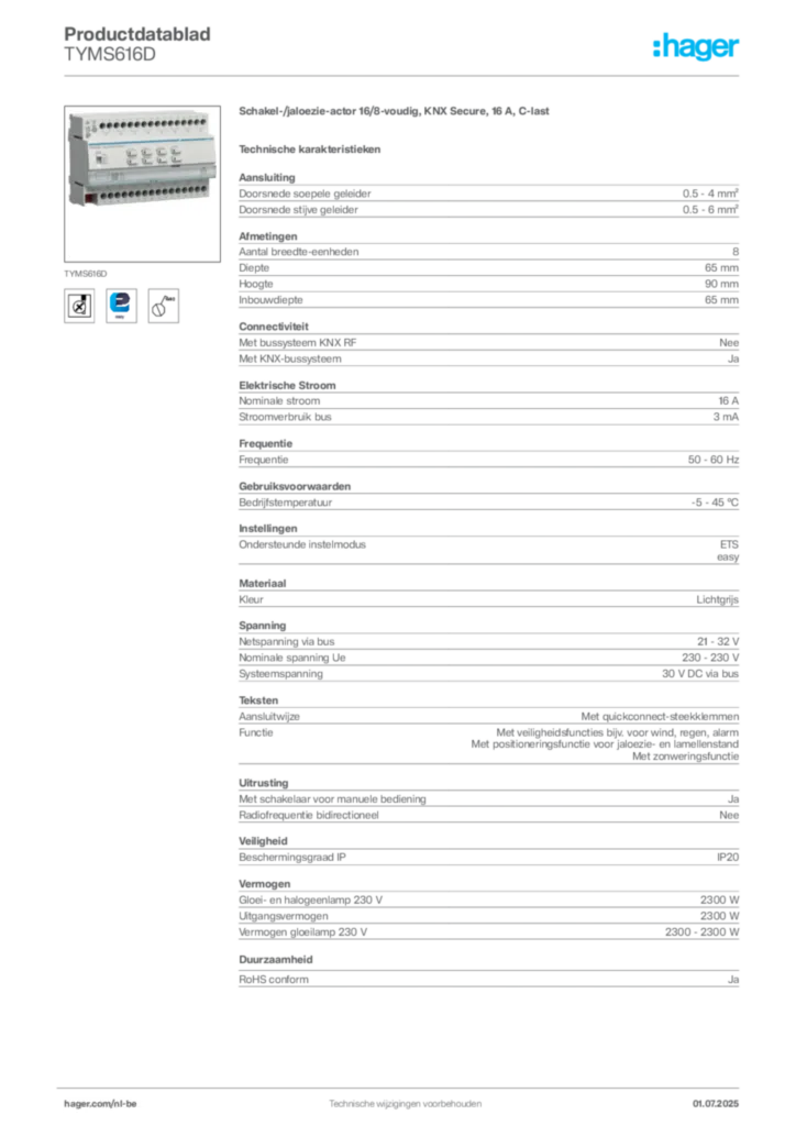 Afbeelding Hager Productdatablad TYMS616D | Hager Belgium