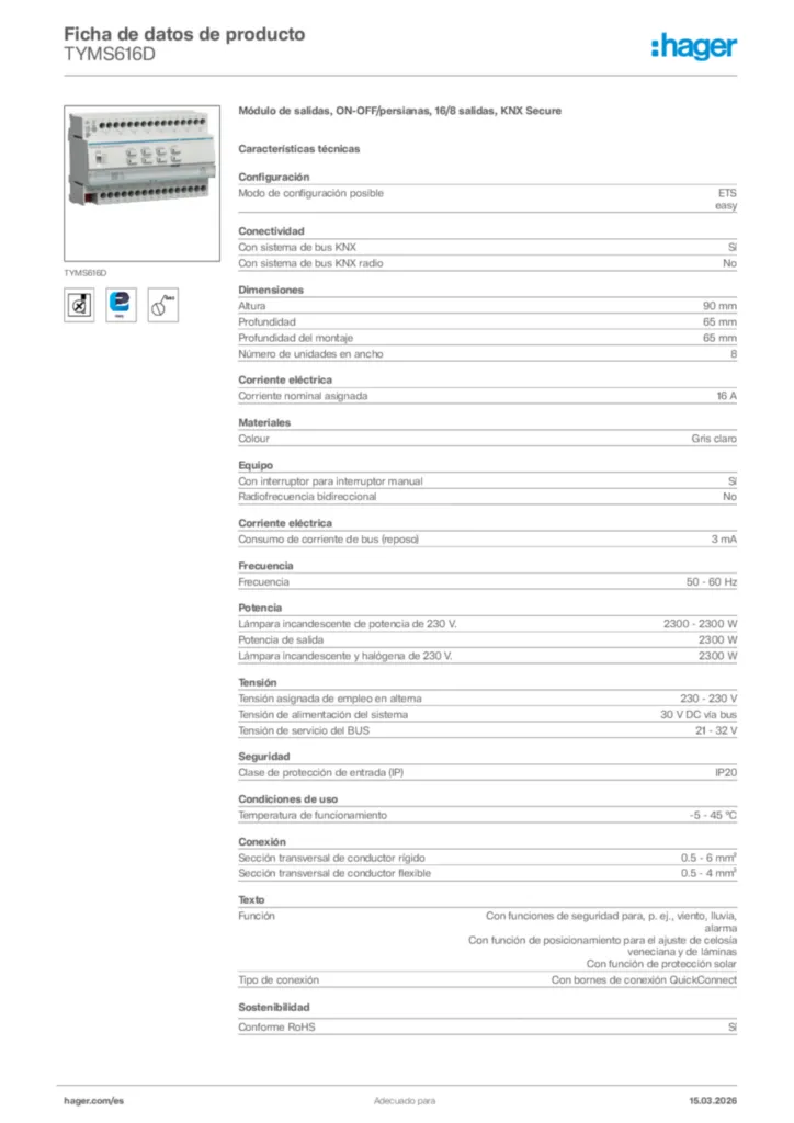 Imagen Hager Ficha de datos de producto TYMS616D | Hager España