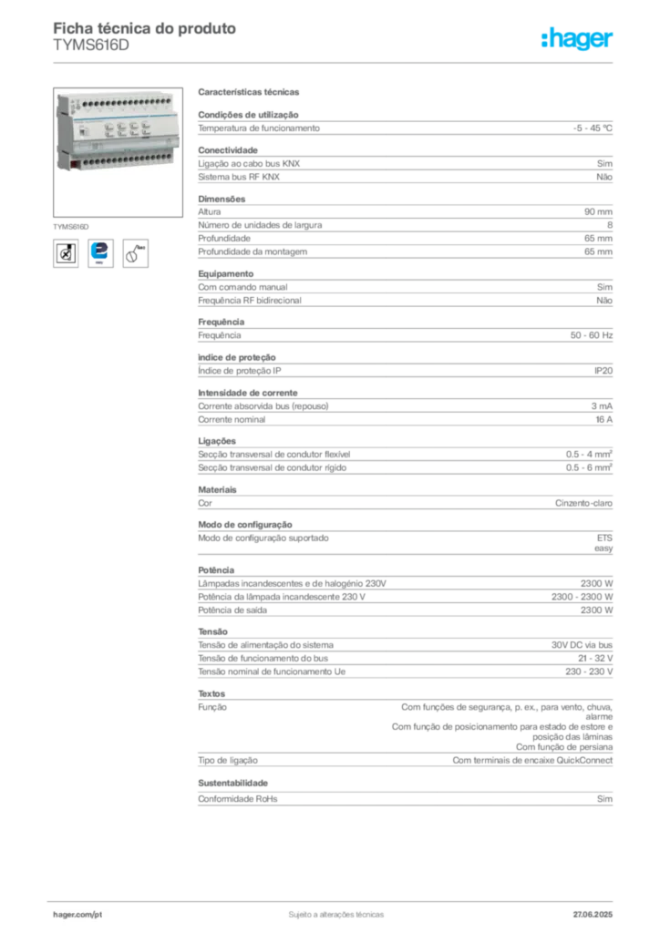Imagem Hager Ficha técnica do produto TYMS616D | Hager Portugal
