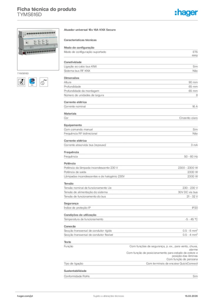 Imagem Hager Ficha técnica do produto TYMS616D | Hager Portugal