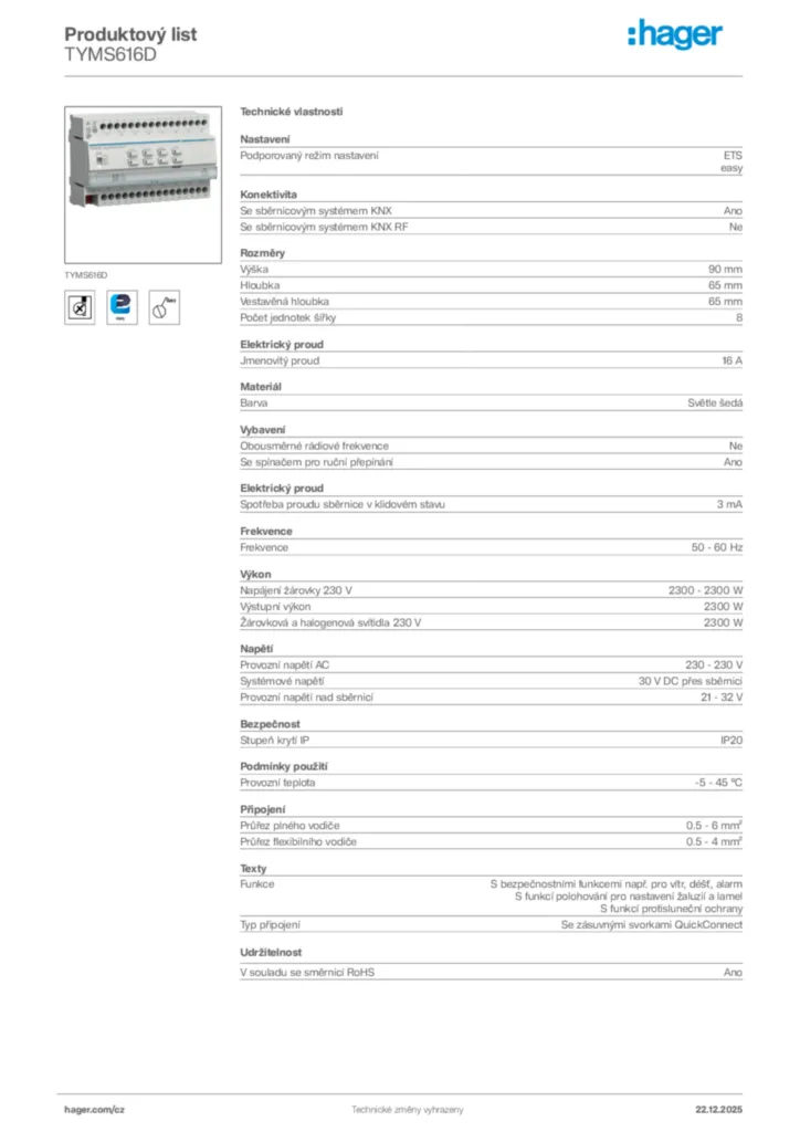 Obrázek Hager Product data sheet TYMS616D | Hager