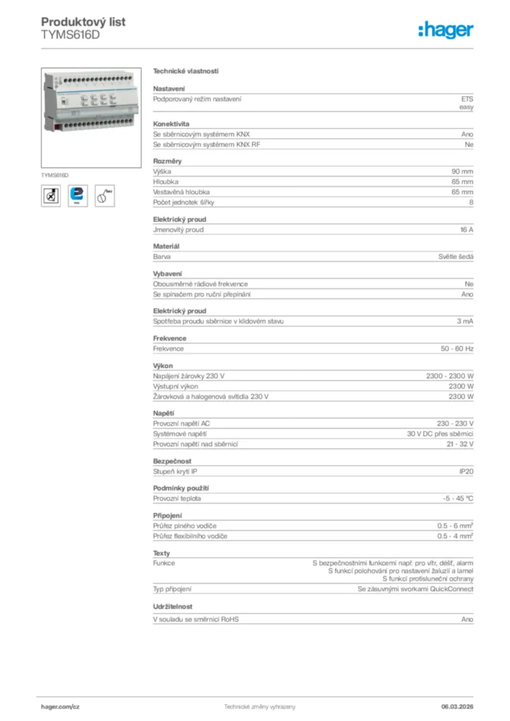Obrázek Hager Product data sheet TYMS616D | Hager
