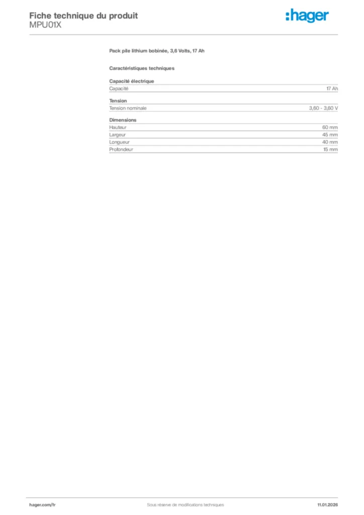 Image Hager Fiche technique du produit MPU01X | Hager France