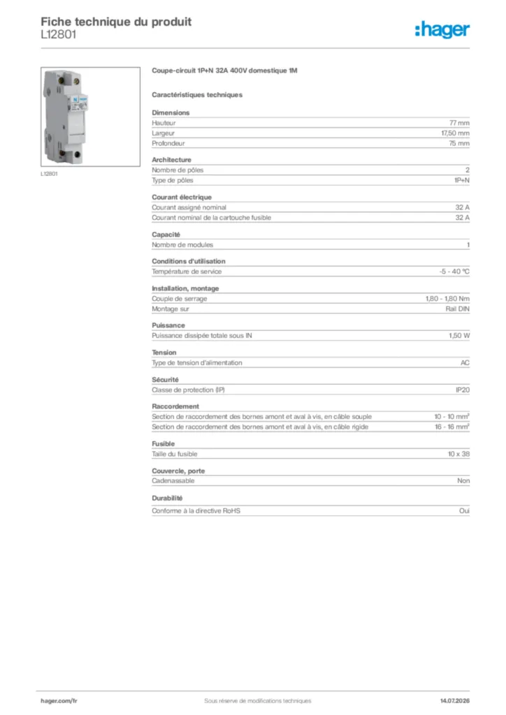 Image Hager Fiche technique du produit L12801 | Hager France