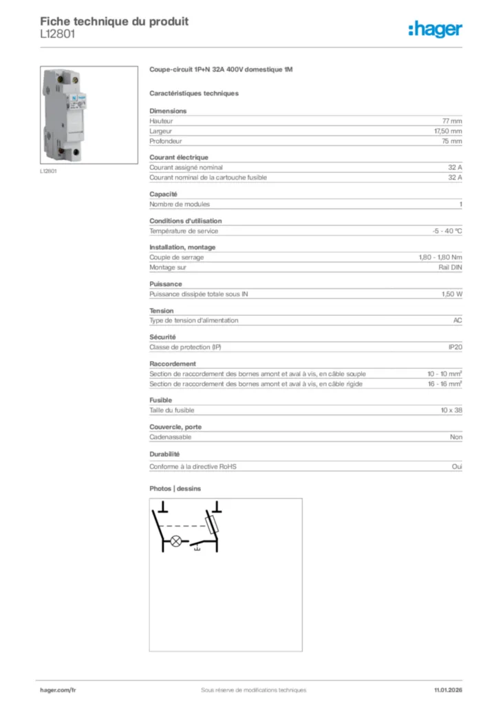 Image Hager Fiche technique du produit L12801 | Hager France