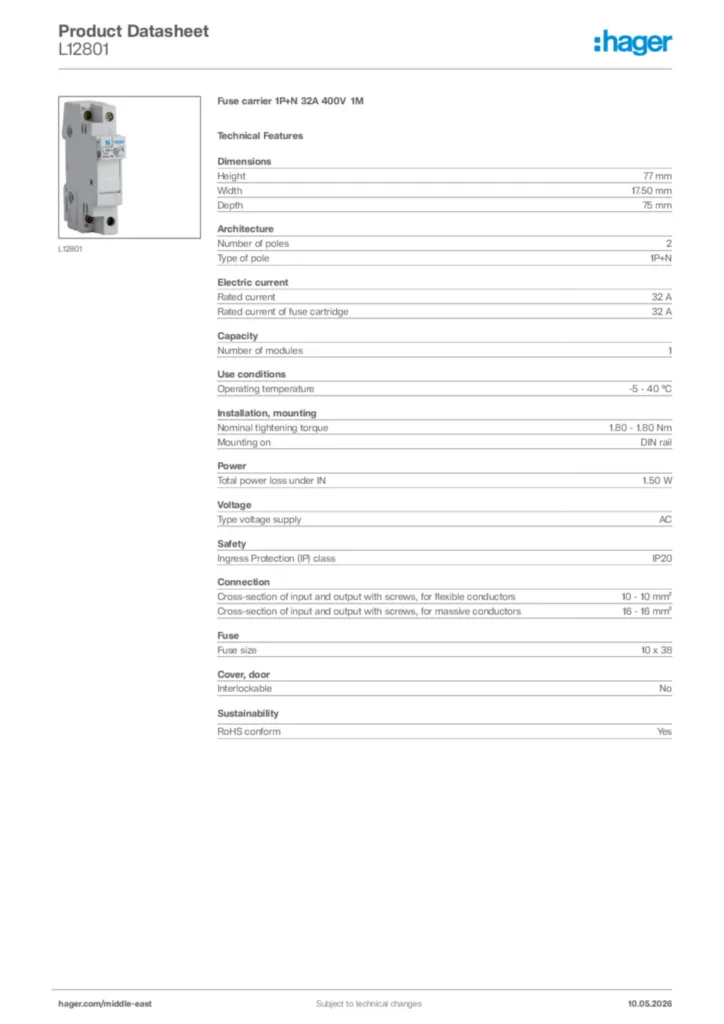 Image Hager Product data sheet L12801  | Hager