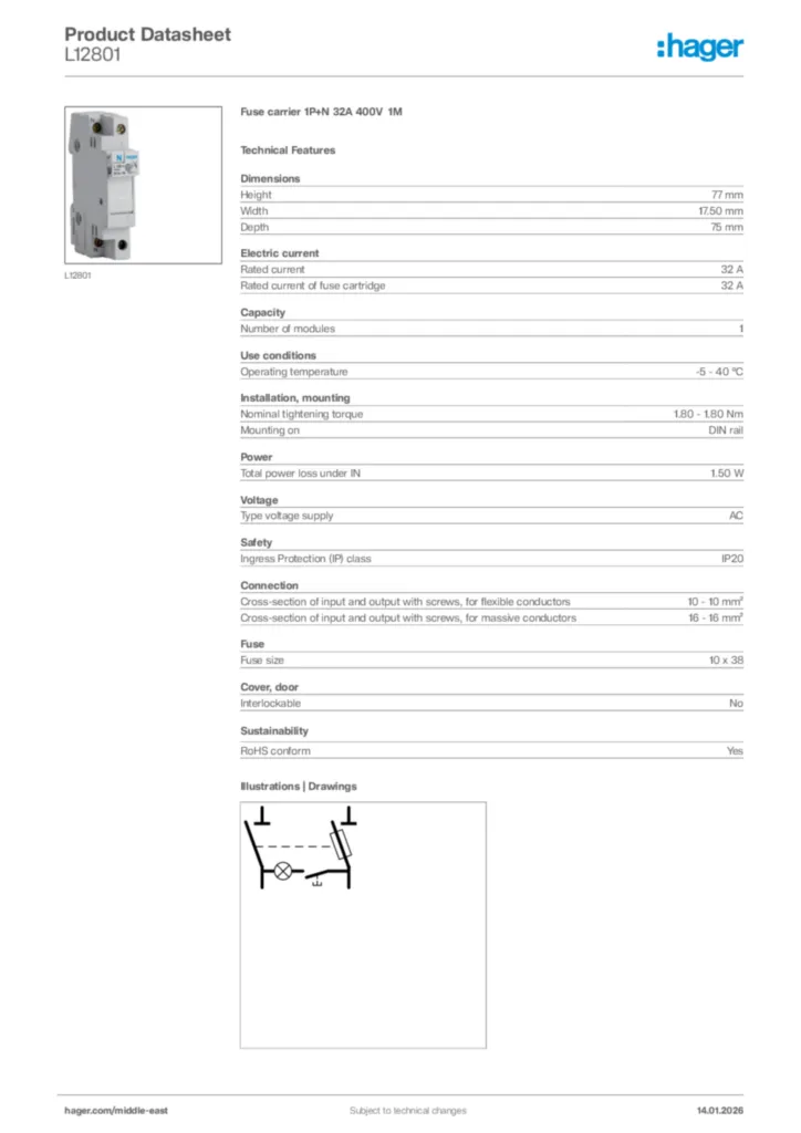 Image Hager Product data sheet L12801  | Hager