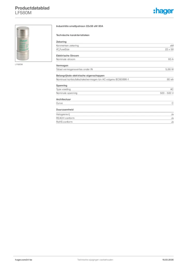 Afbeelding Hager Productdatablad LF580M | Hager Belgium