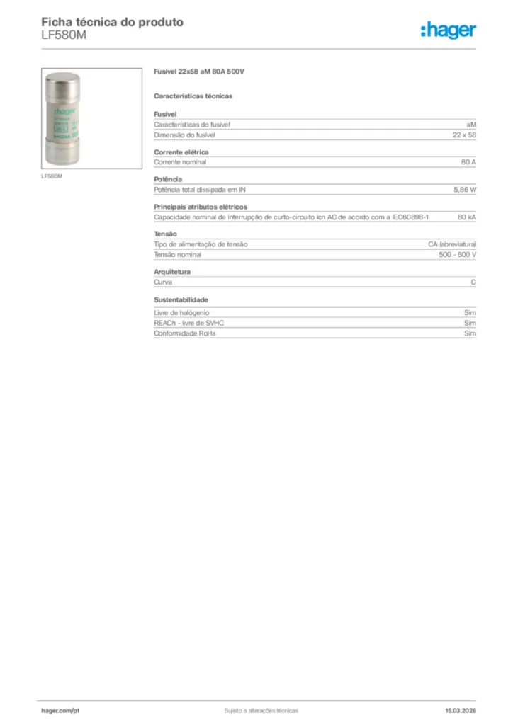 Imagem Hager Ficha técnica do produto LF580M | Hager Portugal