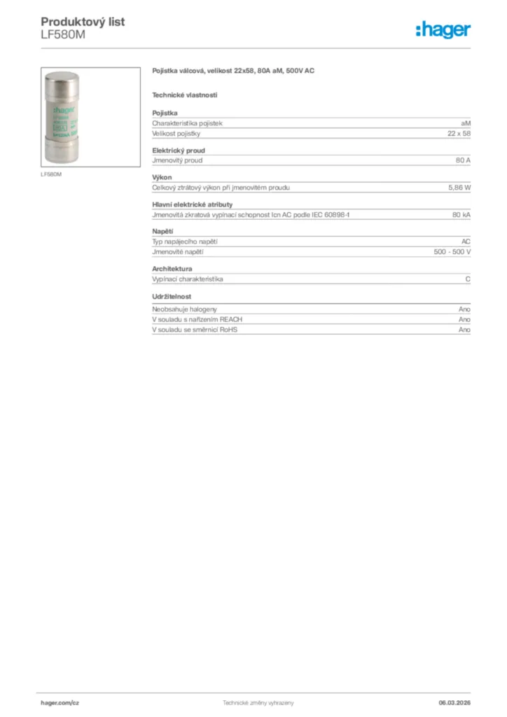 Obrázek Hager Product data sheet LF580M | Hager