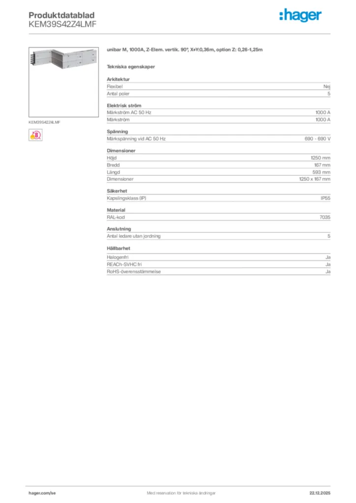 Bild Hager Produktdatablad KEM39S42Z4LMF | Hager Sverige