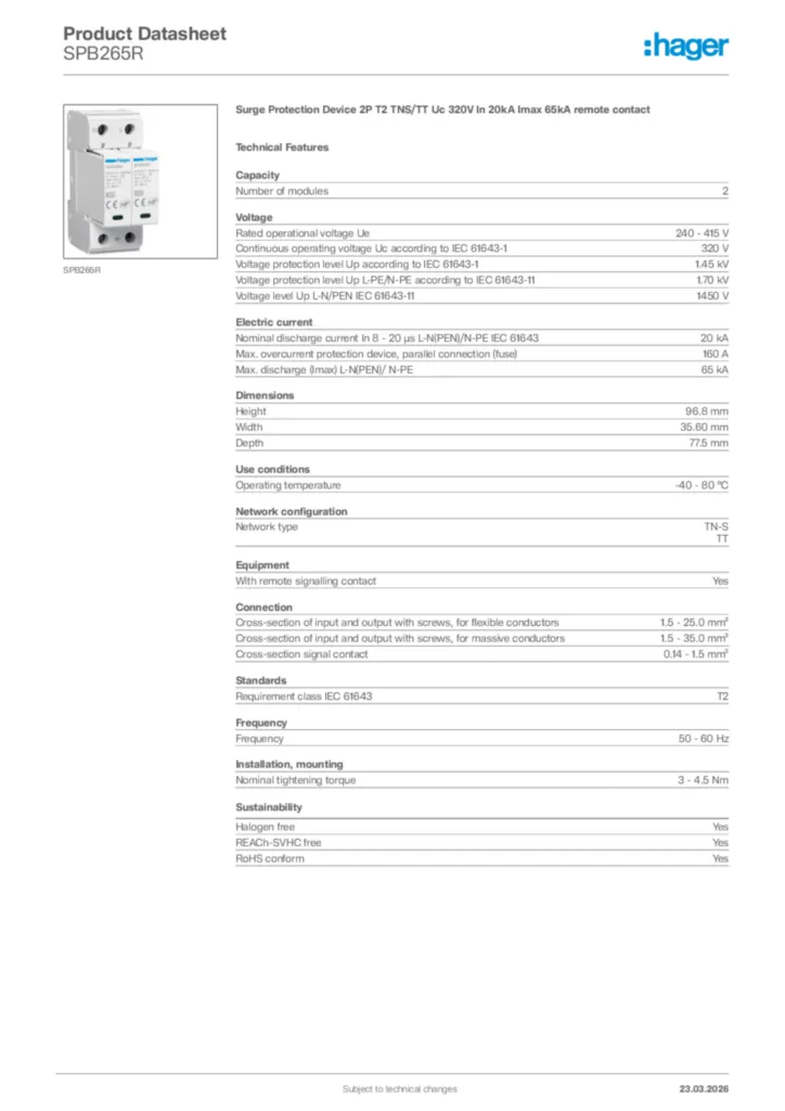 Image Hager Product data sheet SPB265R  | Hager Africa