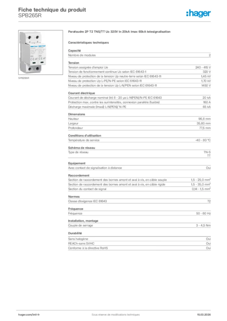 Image Hager Fiche technique du produit SPB265R | Hager Afrique