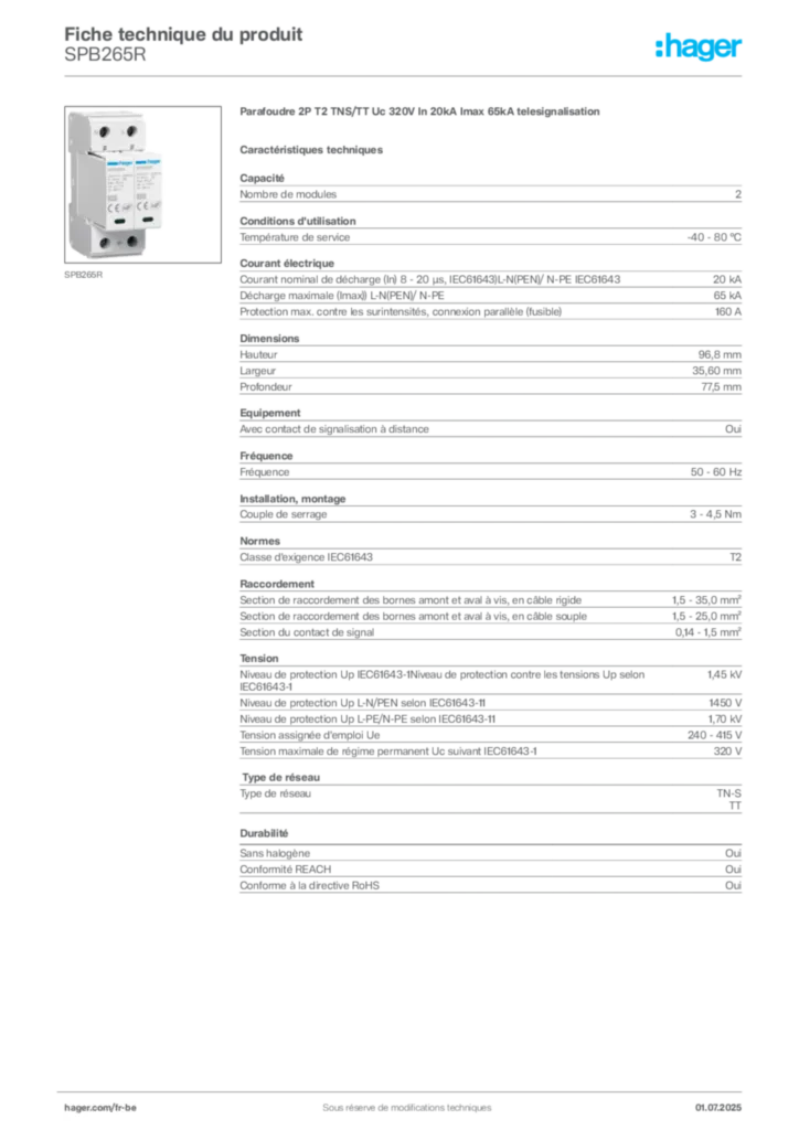 Image Hager Fiche technique du produit SPB265R | Hager Belgique