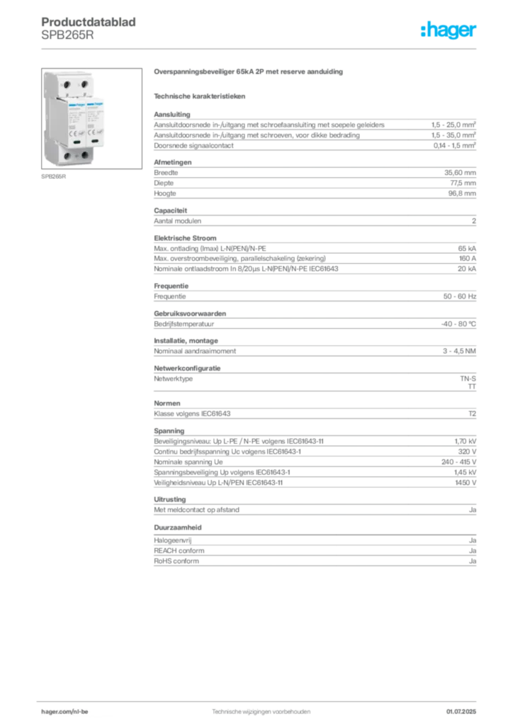 Afbeelding Hager Productdatablad SPB265R | Hager Belgium