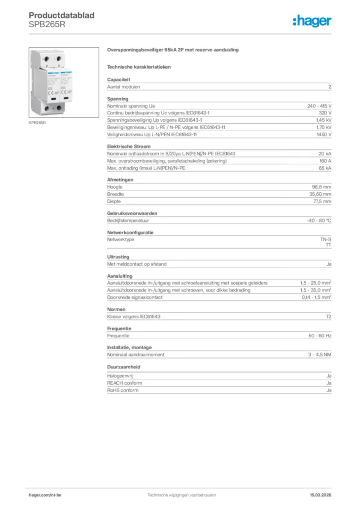 Afbeelding Hager Productdatablad SPB265R | Hager Belgium