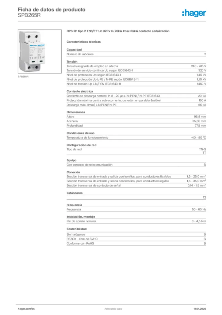Imagen Hager Ficha de datos de producto SPB265R | Hager España
