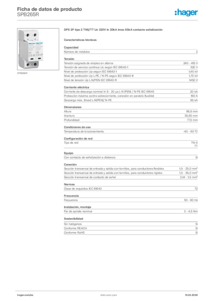Imagen Hager Ficha de datos de producto SPB265R | Hager España
