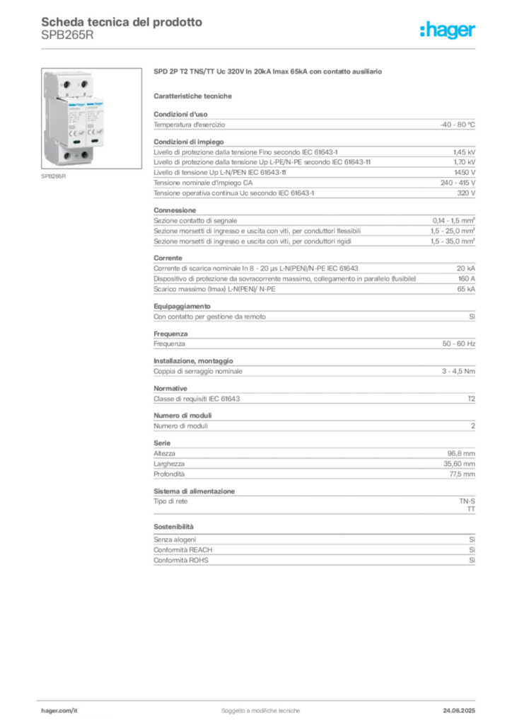Immagine Hager Scheda tecnica del prodotto SPB265R | Hager Italia