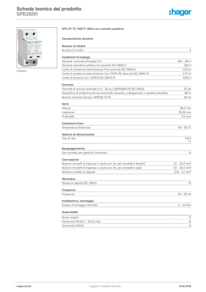 Immagine Hager Scheda tecnica del prodotto SPB265R | Hager Italia