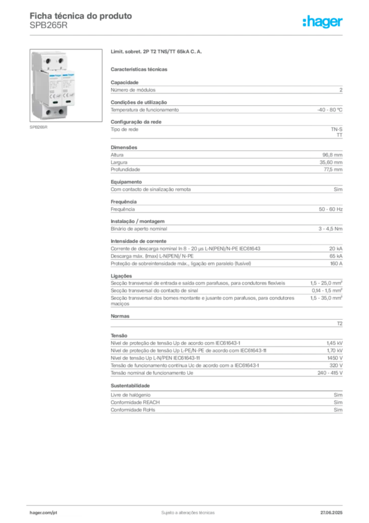 Imagem Hager Ficha técnica do produto SPB265R | Hager Portugal