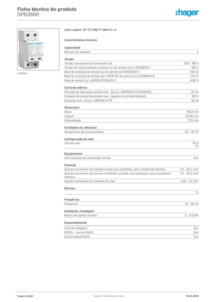 Imagem Hager Ficha técnica do produto SPB265R | Hager Portugal