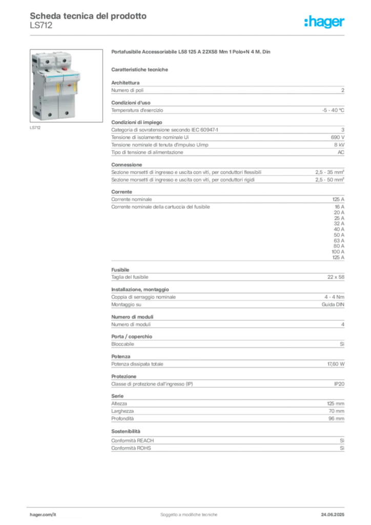 Immagine Hager Scheda tecnica del prodotto LS712 | Hager Italia