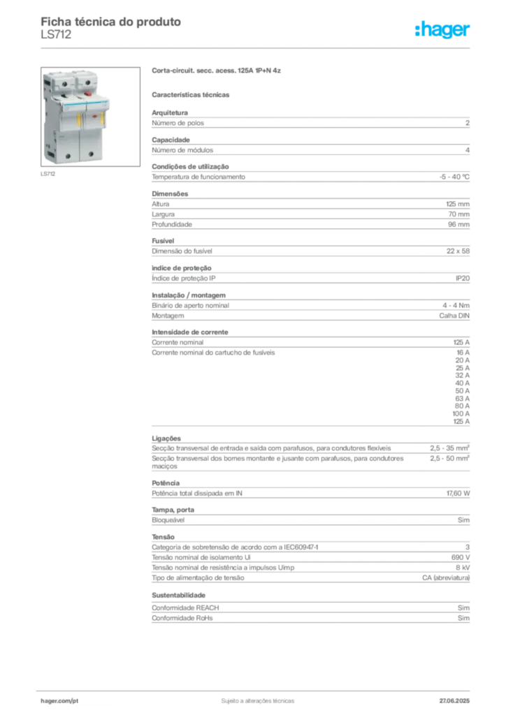 Imagem Hager Ficha técnica do produto LS712 | Hager Portugal