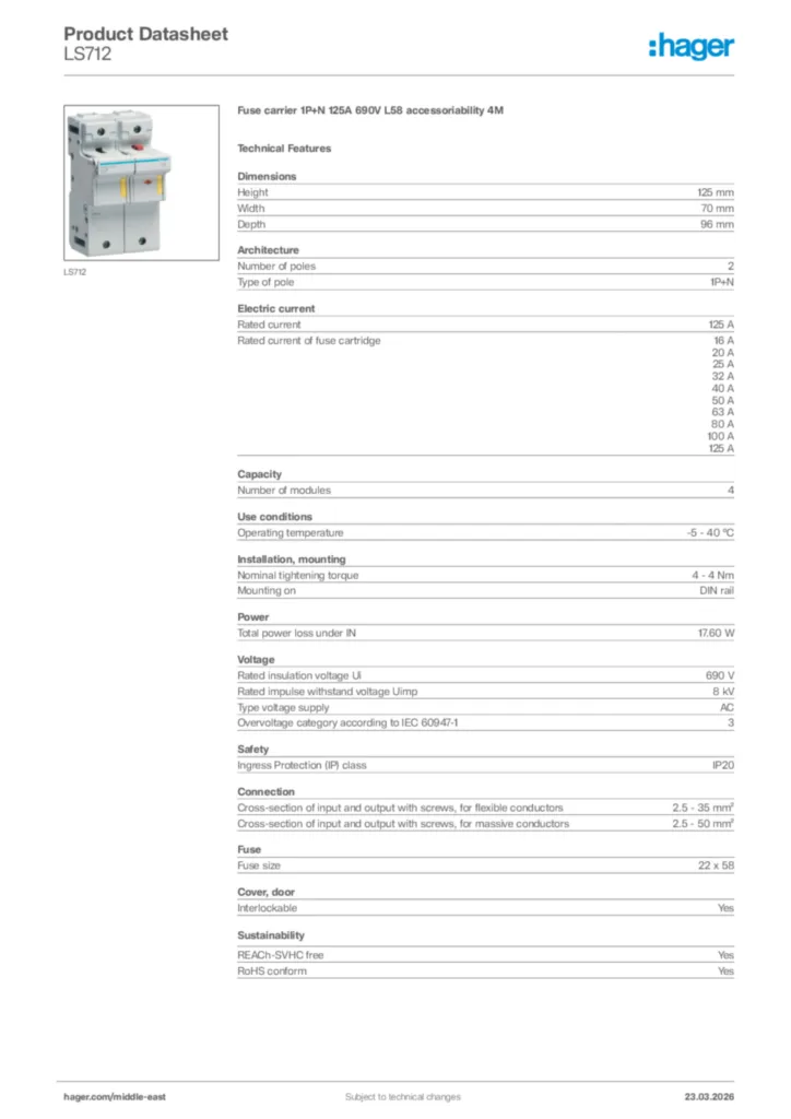 Image Hager Product data sheet LS712  | Hager