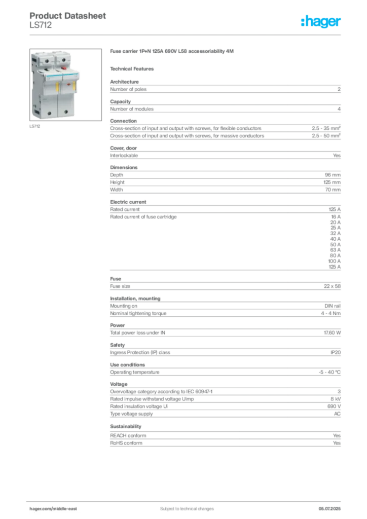 Image Hager Product data sheet LS712  | Hager