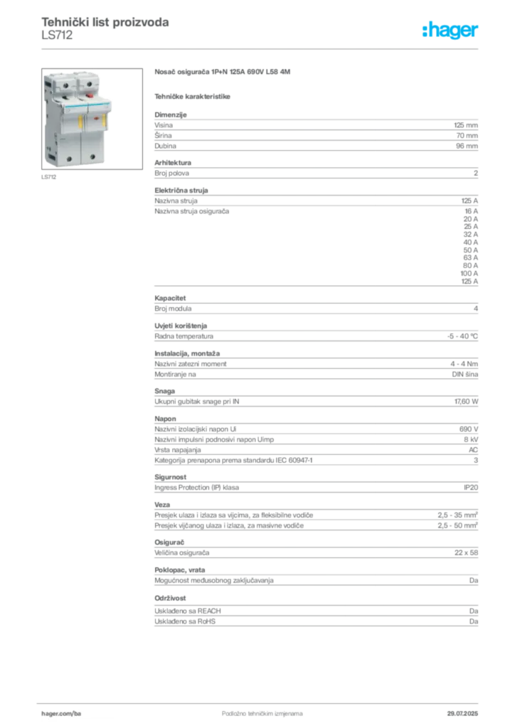 Slika Hager Product data sheet LS712  | Hager
