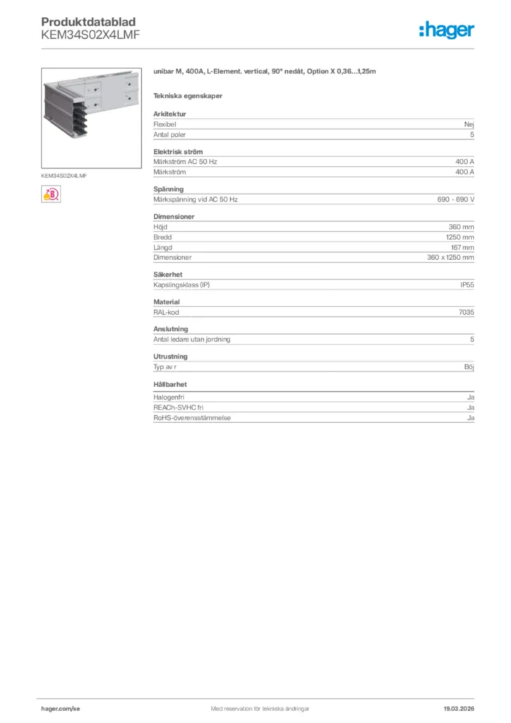 Bild Hager Produktdatablad KEM34S02X4LMF | Hager Sverige