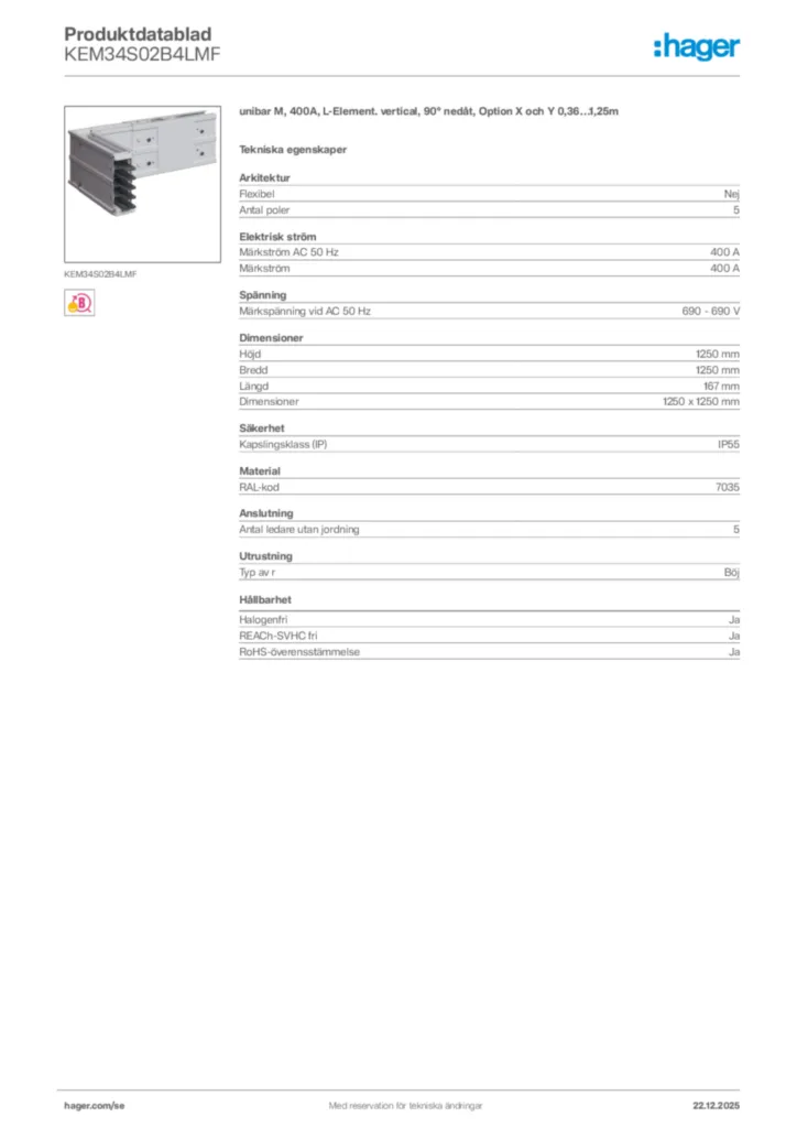 Bild Hager Produktdatablad KEM34S02B4LMF | Hager Sverige
