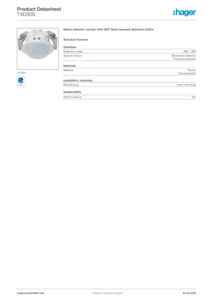 Image Hager Product data sheet TXD505  | Hager