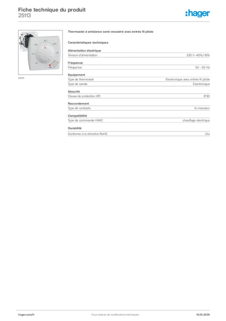 Image Hager Fiche technique du produit 25113 | Hager France