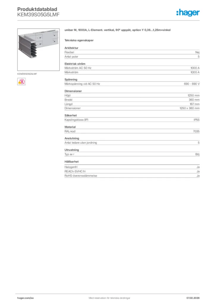 Bild Hager Produktdatablad KEM39S05G5LMF | Hager Sverige