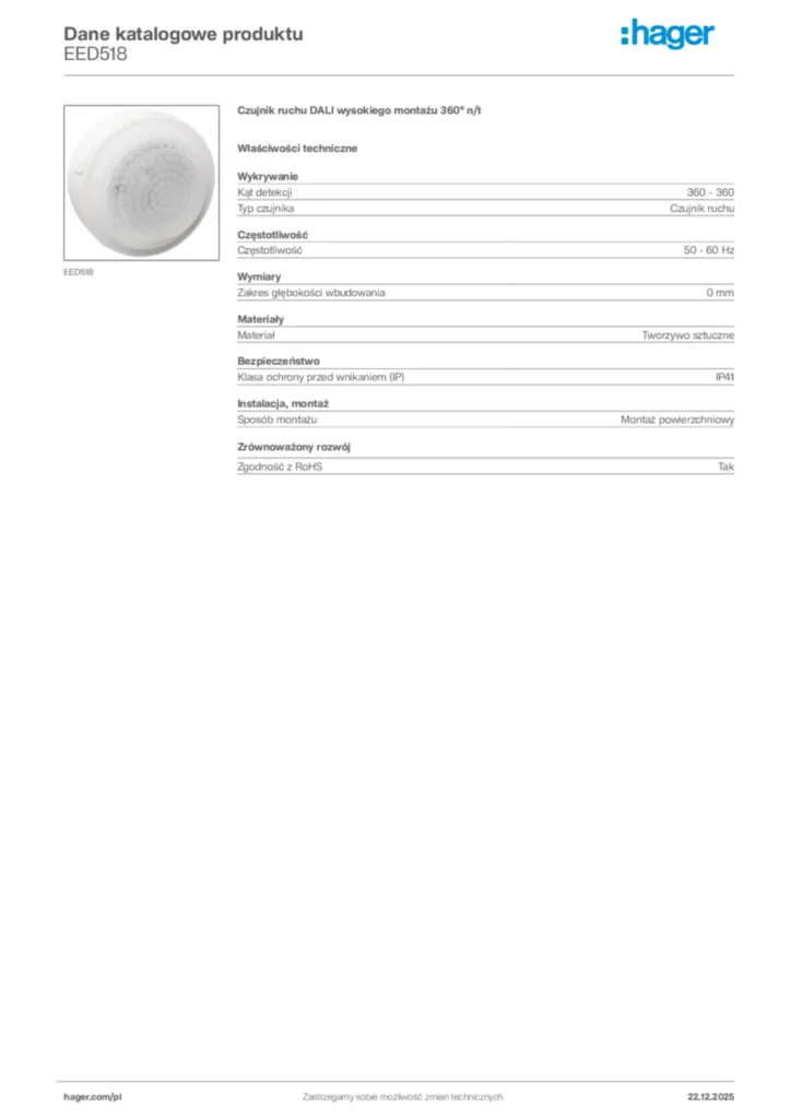 Zdjęcie Hager Dane katalogowe produktu EED518 | Hager Polska