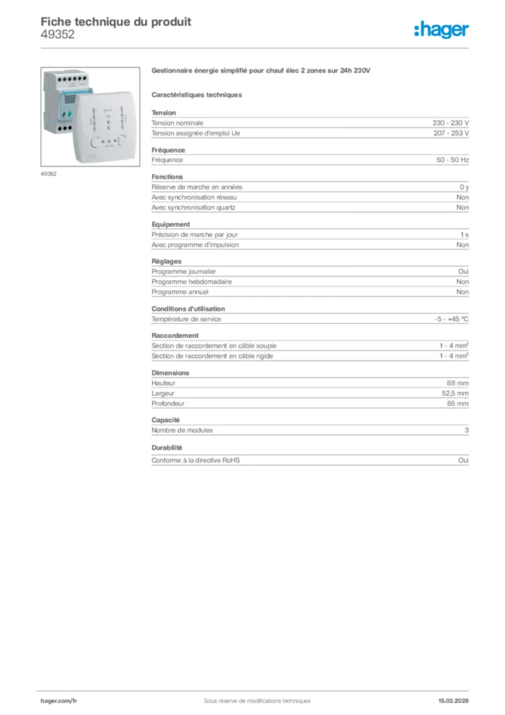 Image Hager Fiche technique du produit 49352 | Hager France