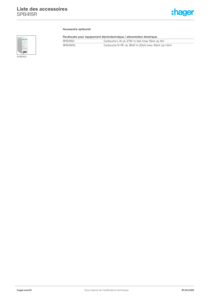 Image Hager Fiche technique du produit SPB415R | Hager France