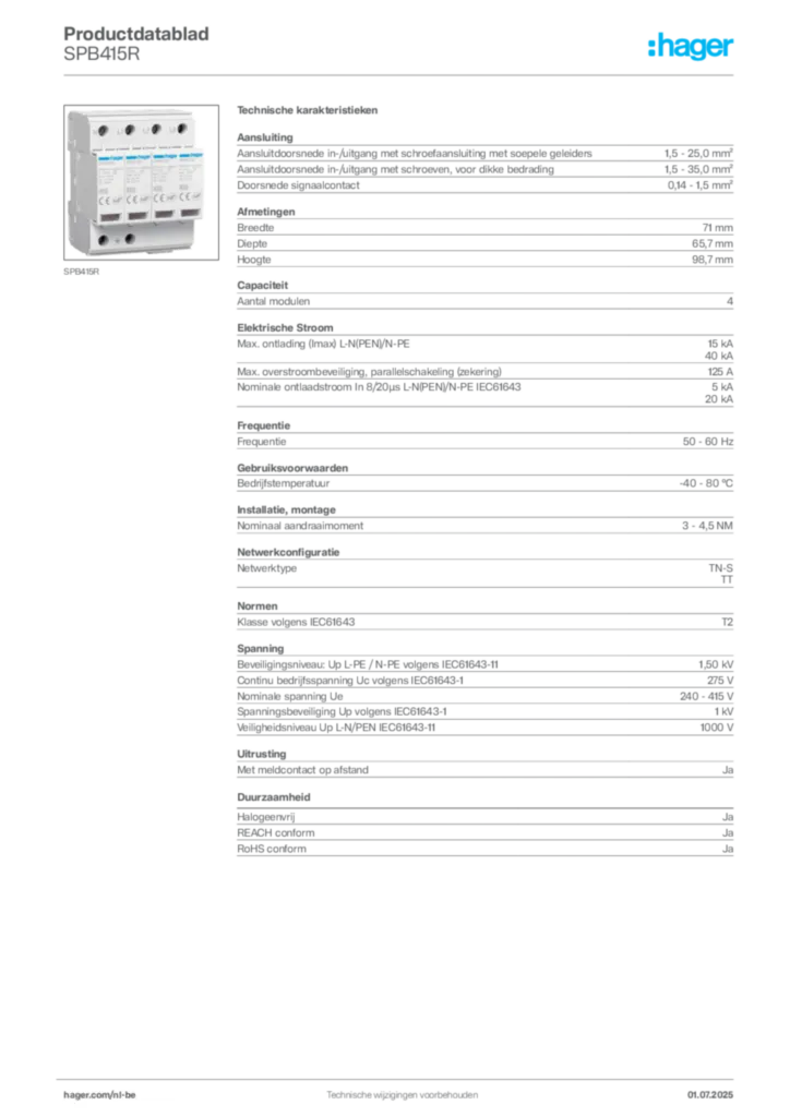 Afbeelding Hager Productdatablad SPB415R | Hager Belgium