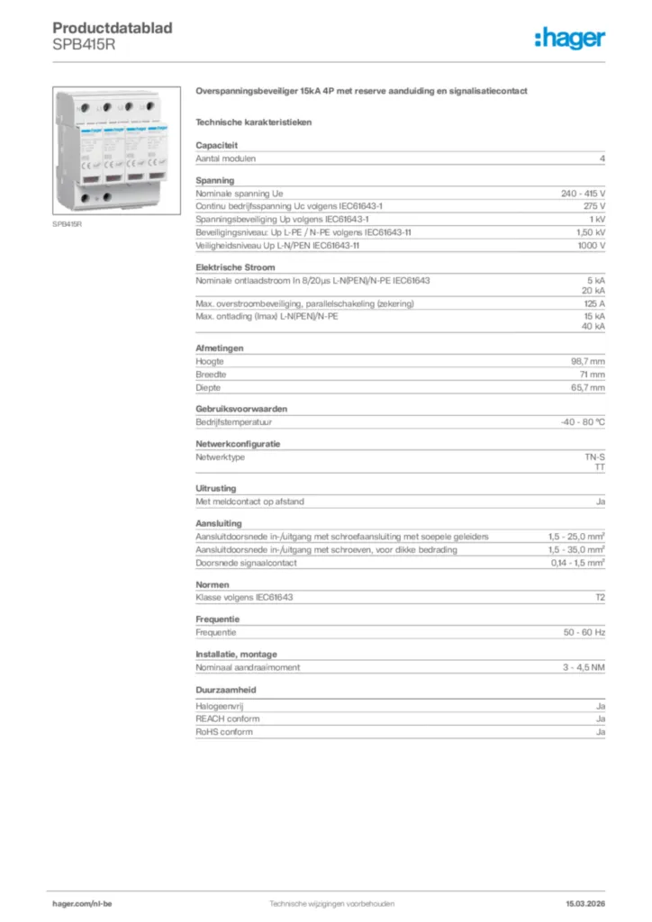 Afbeelding Hager Productdatablad SPB415R | Hager Belgium